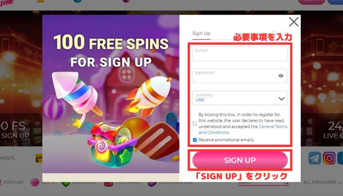 キャンディカジノの登録フォーム