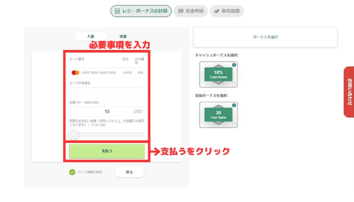 テッドベットカジノの入金画面