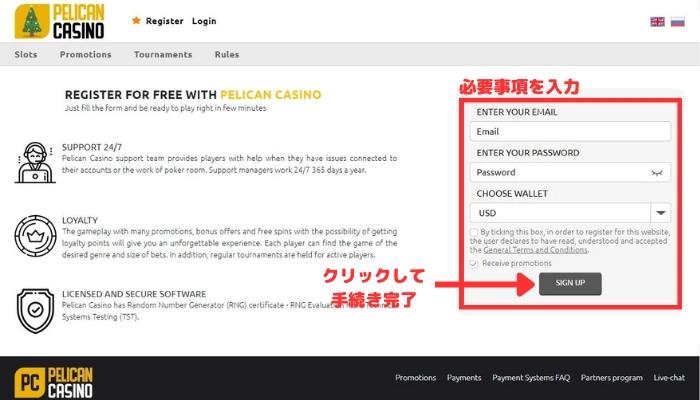 ペリカンカジノの登録フォーム