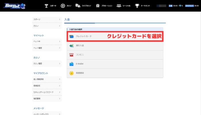 BeeBetカジノの入金画面