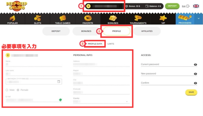 BEEPBEEPカジノのプロフィール画面