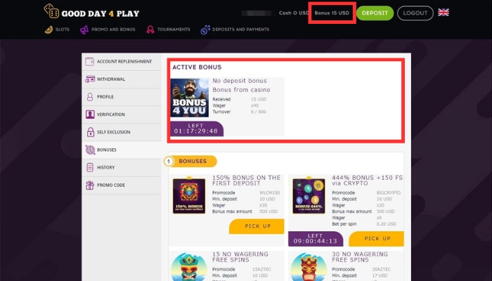 グッドデイフォープレイの入金不要ボーナス$15