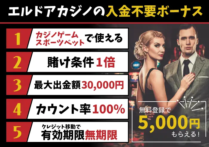 エルドア入金不要ボーナス出金条件