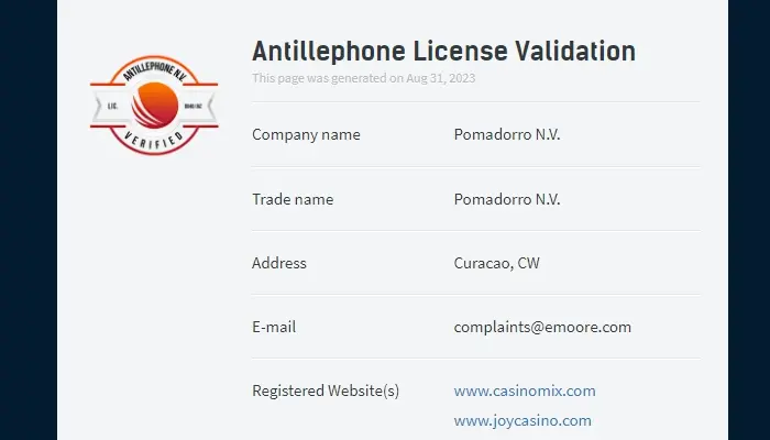 ジョイカジノのライセンス